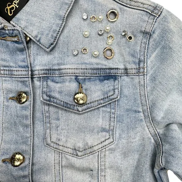 Sparkle Denim Pearl and Grommet Denim Jacket (M) - Picture 3 of 11
